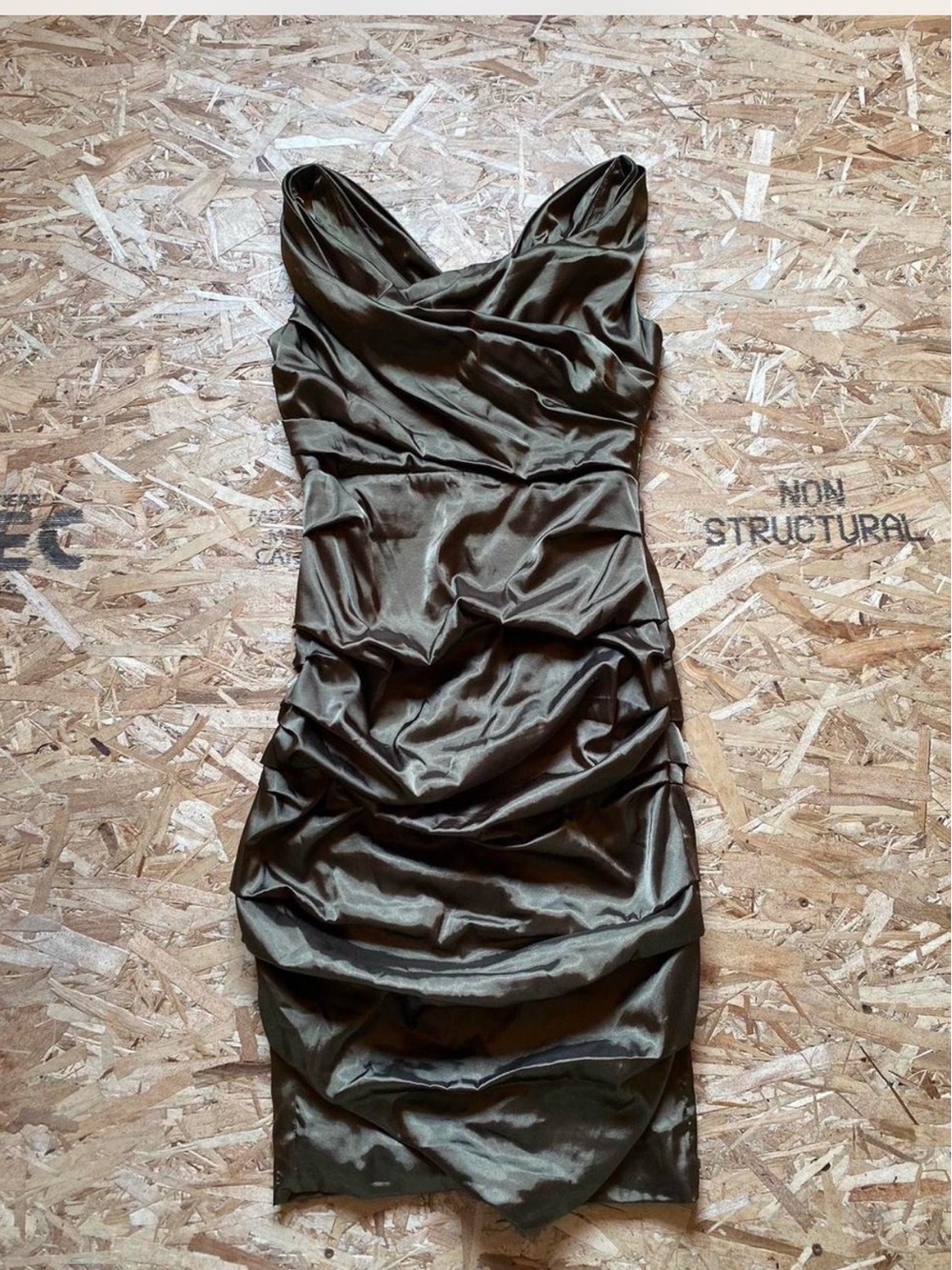 le chateau Olive Satin Strapless Ruched Cocktail Dress